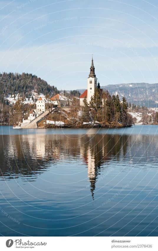Bleder See, Slowenien schön Ferien & Urlaub & Reisen Tourismus Insel Winter Schnee Berge u. Gebirge Natur Landschaft Himmel Baum Park Wald Hügel Felsen Alpen