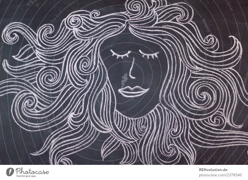 Tafelzeichnung | Frisur Mensch feminin Kopf Haare & Frisuren Gesicht 1 langhaarig genießen träumen außergewöhnlich schwarz weiß Gefühle achtsam Gelassenheit