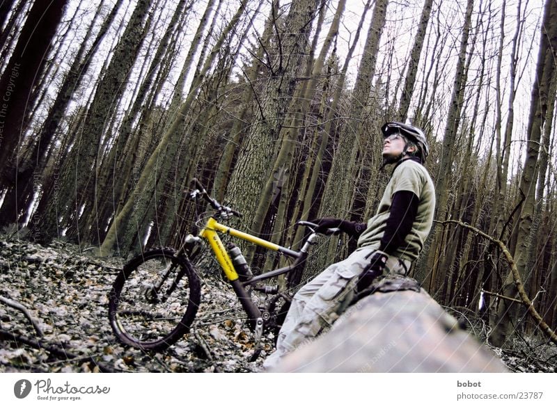 Gleich gehts weiter Mountainbike Fahrrad Wald Blatt Holz Baumrinde transpirieren Ausdauer Suspension innehalten Verkehr Scheibenbremsen Uphill Downhill X-trial