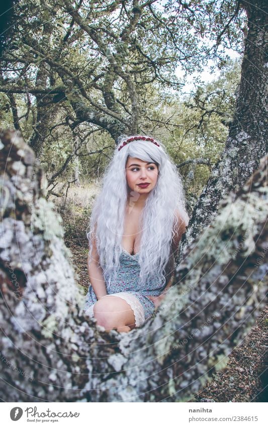 Junge Frau allein im Wald Stil exotisch Haare & Frisuren Mensch feminin Jugendliche 1 18-30 Jahre Erwachsene Umwelt Natur Schönes Wetter Baum Kleid grauhaarig