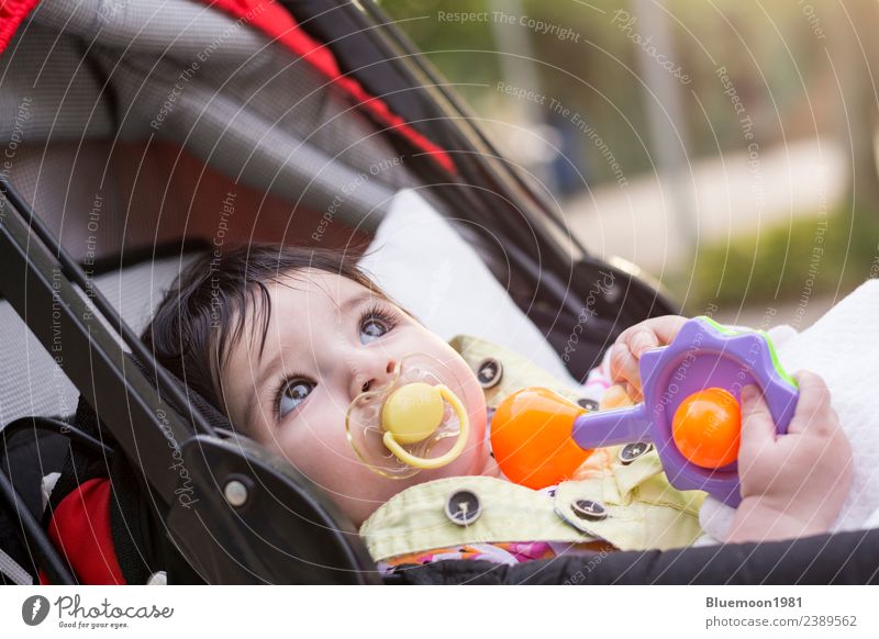 Kleines Baby mit gelber Puppe, die am Kinderwagen ruht. Lifestyle schön Leben Erholung Mensch Kindheit Jugendliche 1 0-12 Monate Natur Urelemente Sonnenlicht
