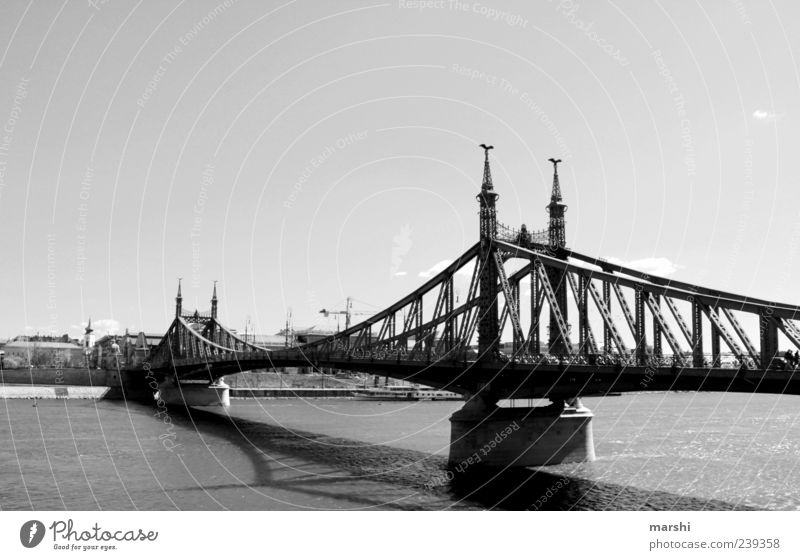 Freiheitsbrücke Hauptstadt Brücke Sehenswürdigkeit schwarz Brückengeländer Brückenpfeiler Brückenkonstruktion lang Budapest Donau Wasser Fluss Himmel