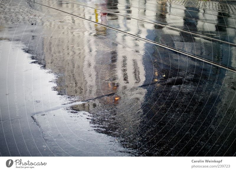 Regensommer. Europa Menschenleer Haus Gebäude Einsamkeit nass Straßenbahn Gleise Beton Farbfoto Außenaufnahme Textfreiraum links Textfreiraum unten feucht