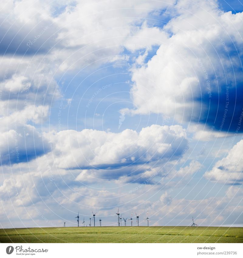 Der Lichtblick Umwelt Natur Landschaft Himmel Wolken Sommer Wiese Hügel drehen nachhaltig blau grün Klima Windkraftanlage Windrad Erneuerbare Energie