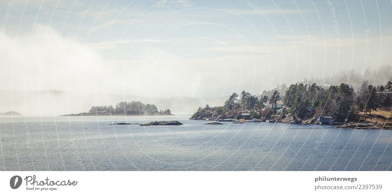 Nebelwolken ziehen über das Wasser Umwelt Natur Himmel Wolken Sonne Klima Schönes Wetter Wind Wald Hügel Wellen Küste Bucht Fjord Meer See Telemark Norwegen