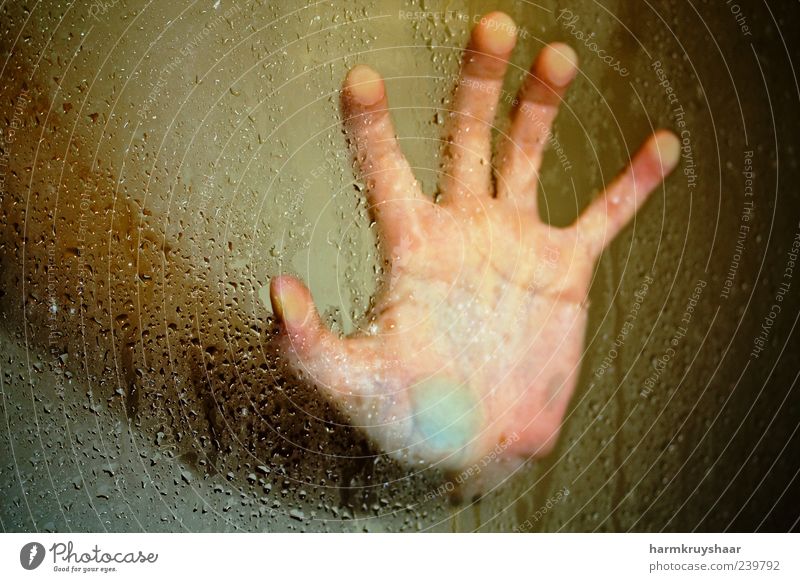 Weibliche Hand auf Glasduschtüre Erholung Sauna Schwimmen & Baden Mensch Frau Erwachsene Arme Finger 1 berühren Aggression gruselig einzigartig nass gelb gold