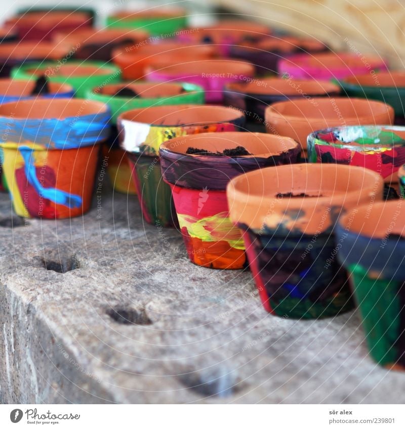 Kreativität fördern Bildung Kindergärtnerin Blumentopf Ton Tontopf Hobelbank Blumenerde mehrfarbig gelb rot schwarz säen gestalten malen Farbe Pflanze