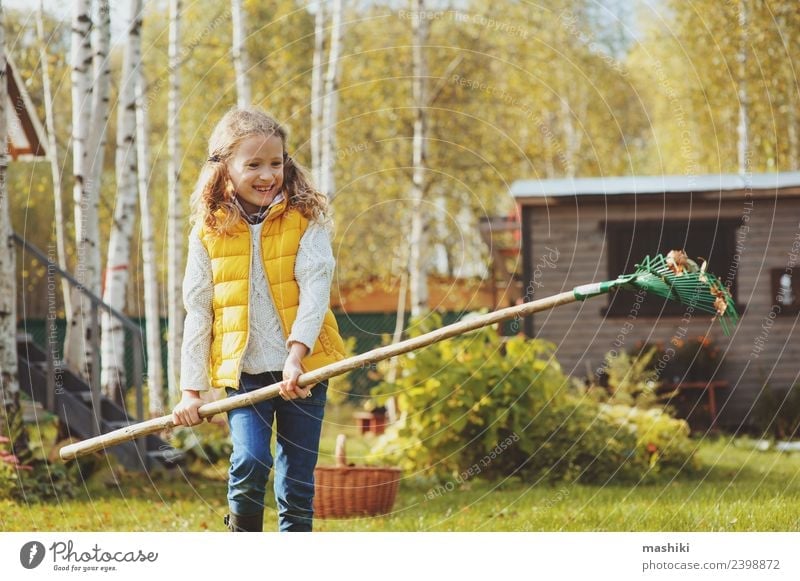 glücklich Kind Mädchen rechend Herbstlaub Freude Spielen Garten Arbeit & Erwerbstätigkeit Gartenarbeit Werkzeug Baum Gras Blatt natürlich gelb Hilfsbereitschaft