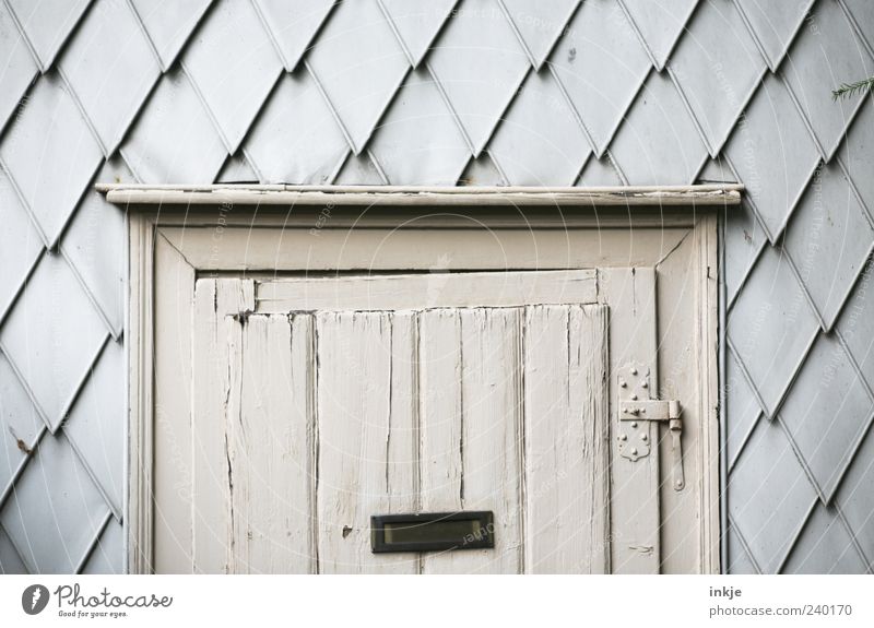 Hexenhaus Hütte Ruine Fassade Tür Briefkasten Scharnier Beschläge Holz hängen alt trist grau Stimmung Verfall Vergänglichkeit Häusliches Leben Gartenhaus