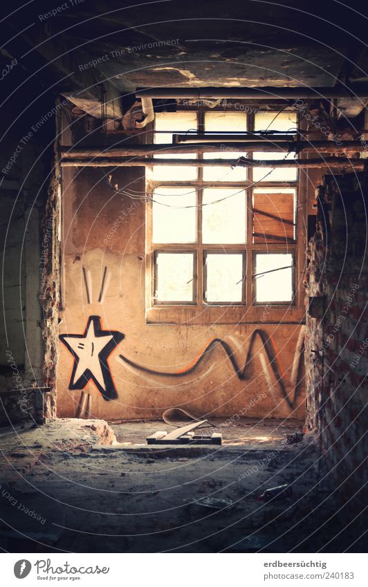 Folge deinem Stern Leben Menschenleer Industrieanlage Fabrik Lagerhalle Mauer Wand Fenster Graffiti Stern (Symbol) fliegen Hoffnung Rätsel Wunsch dunkel