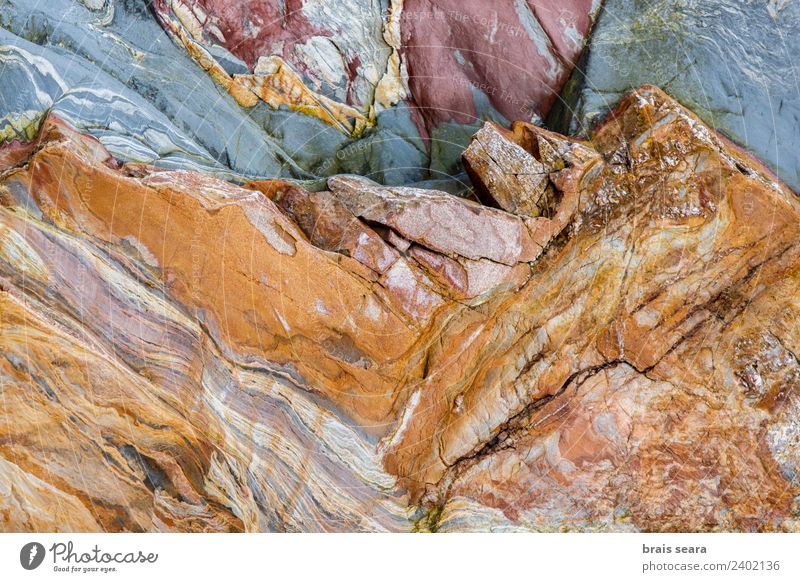 Sedimentäre Gesteinsstruktur Strand Meer Wissenschaften Geologie Geologen Umwelt Natur Landschaft Urelemente Erde Küste Sehenswürdigkeit blau gelb rot silencio