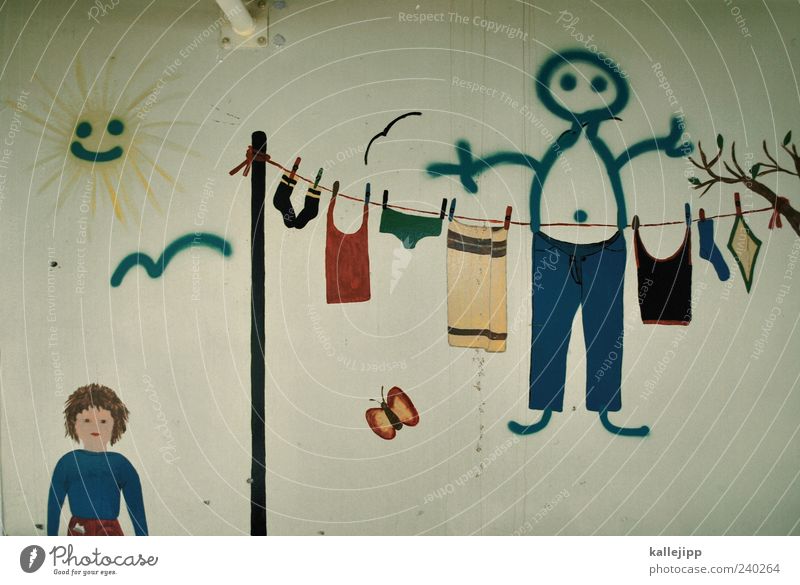 hosenmatz hängen Wäscheleine Sonne Farbfoto Gedeckte Farben Innenaufnahme bemalt Wand kindlich gemalt trocknen hängend Menschenleer Symbole & Metaphern