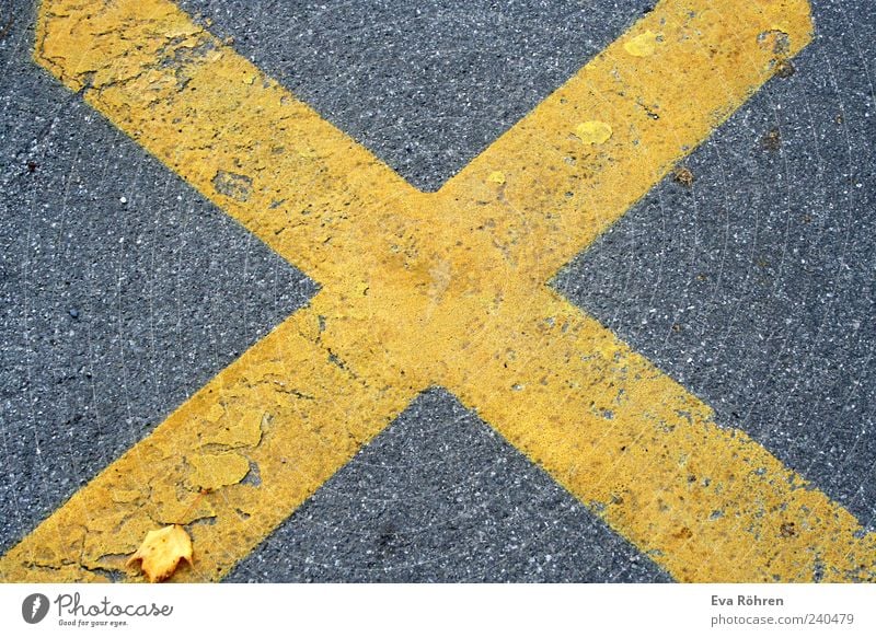 Kreuz auf Asphalt Umwelt Verkehrswege Straße Wege & Pfade Stein Verkehrszeichen groß gelb grau Mittelpunkt X stoppen Bodenbelag Farbfoto Außenaufnahme