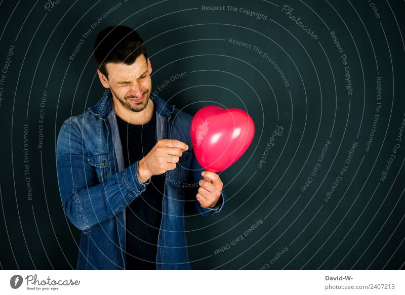 Liebesaus Behandlung Leben Valentinstag Mensch maskulin Mann Erwachsene Kunst vergangen Herz Luftballon herzförmig Nadel platzen Zerstörung Verfall