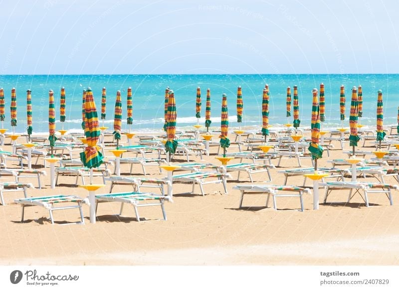 Vieste, Italien - Liegestühle am sauberen Strand von Vieste Apulien Küste grün Horizont Idylle erleuchten Beleuchtung Illumination Landschaft Mittelmeer Natur