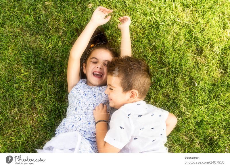 Zwei kleine Kinder spielen auf dem grünen Gras. Freude Glück schön Spielen Sommer Junge Familie & Verwandtschaft Freundschaft Kindheit Natur Park Lächeln lachen