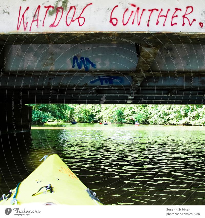 Günther Wasser Sommer Fluss Brücke Schriftzeichen Kajak Graffiti Farbfoto Außenaufnahme Menschenleer Tag Kanutour Großbuchstabe Schmiererei