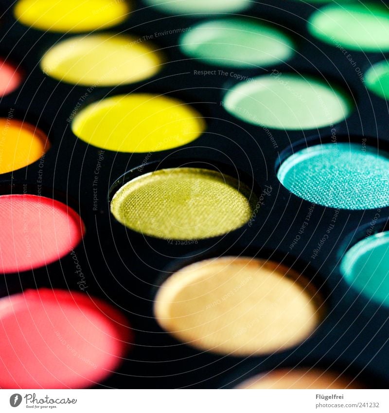 C:24 M:9 Y:86 K:0 Schminke rund Farbpalette Schminkpalette Kosmetik regenbogenfarben grün gelb Kontrast Lidschatten Strukturen & Formen Farbenspiel