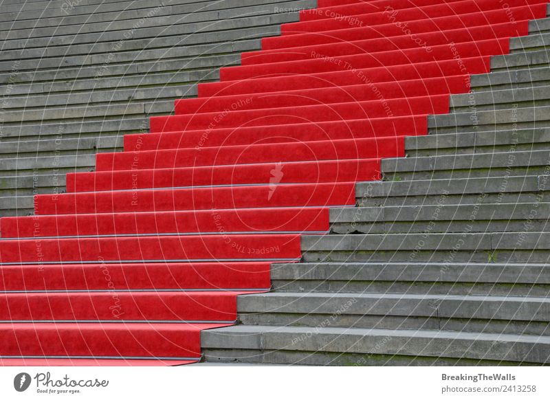 Nahaufnahme des roten Teppichs über der grauen Betontreppe Design Feste & Feiern Stadt Gebäude Architektur Treppe Stein Perspektive steigen nach oben