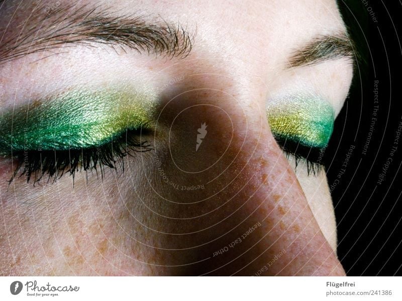 Papageye feminin Frau Erwachsene Gesicht Auge 1 Mensch 18-30 Jahre Jugendliche Blick grün gelb Nase Beautyfotografie Kosmetik Lidschatten Sommersprossen Wimpern