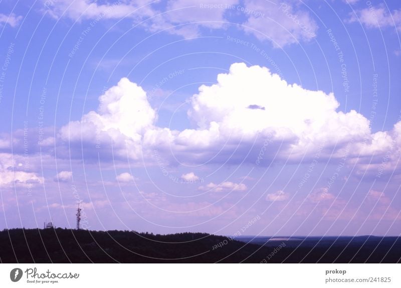 Natur und Technik Umwelt Landschaft Himmel Wolken Klima Klimawandel Schönes Wetter Wald Ferne Horizont Telefonmast Unendlichkeit Idylle Farbfoto Außenaufnahme