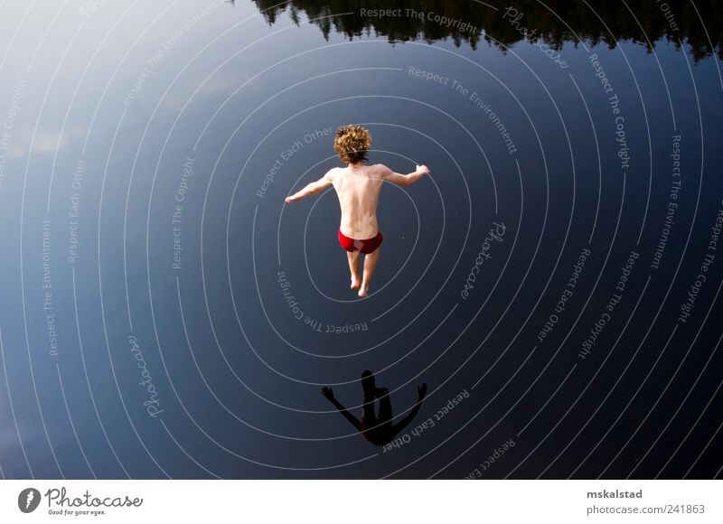 Springen für sie Mensch Junge Jugendliche Leben Haut Natur Schwimmen & Baden springen Coolness dünn blau Teich Wolken Baum Boxer Reflexion & Spiegelung Steigung