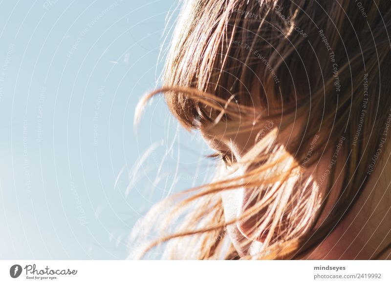 Mädchenportrait mit vom Wind verwehten Haaren feminin Gesicht 1 Mensch 3-8 Jahre Kind Kindheit Himmel Wolkenloser Himmel Sonnenlicht Haare & Frisuren blond