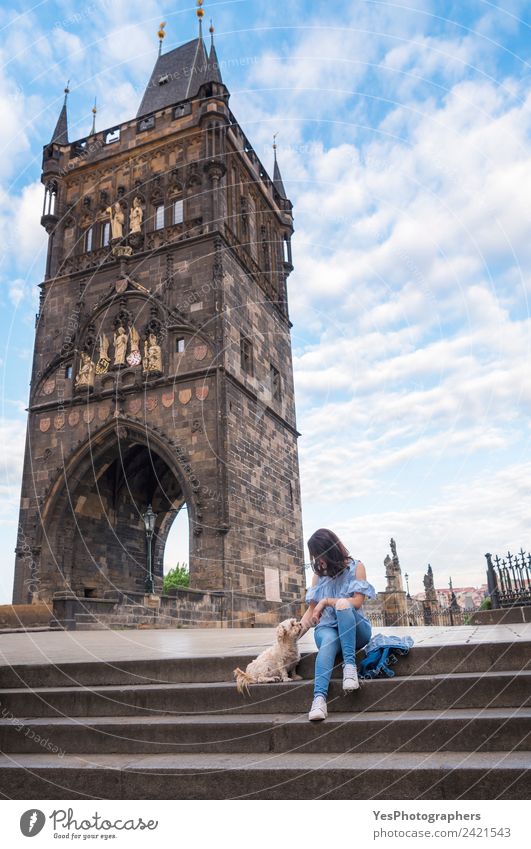 Frau mit einem Hund vor dem Turm der Karlsbrücke Lifestyle schön Erholung Ferien & Urlaub & Reisen Sommer Erwachsene Freundschaft Kunst Schönes Wetter Altstadt