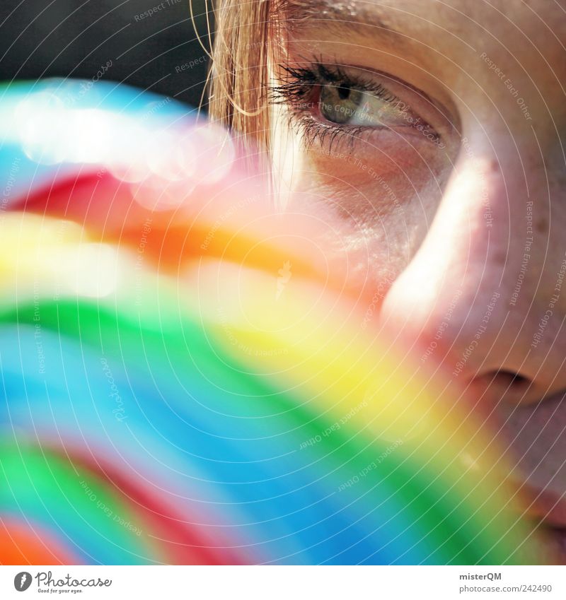 Lollipop. Kunst ästhetisch Jugendliche regenbogenfarben mehrfarbig Kreativität Glück Frau Süßwaren Auge Unschärfe Blick Verschmitzt Nase Gesicht lecker süß