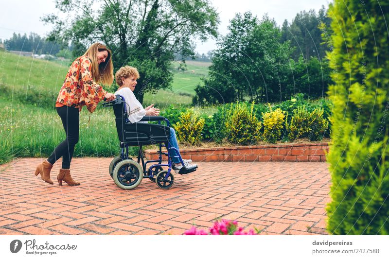Frau, die ihre Mutter im Rollstuhl trägt. Lifestyle Glück Gesundheitswesen Erholung Garten sprechen Mensch Erwachsene Großmutter Familie & Verwandtschaft Natur