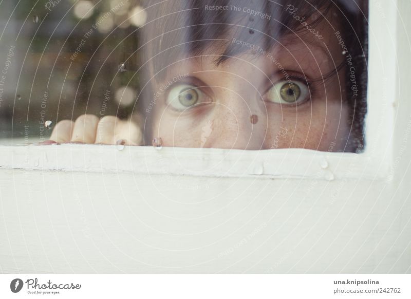 verstecken Spielen feminin Junge Frau Jugendliche Auge Finger 1 Mensch 18-30 Jahre Erwachsene Fenster Pony Glas beobachten Blick spionieren Spitzel Tropfen