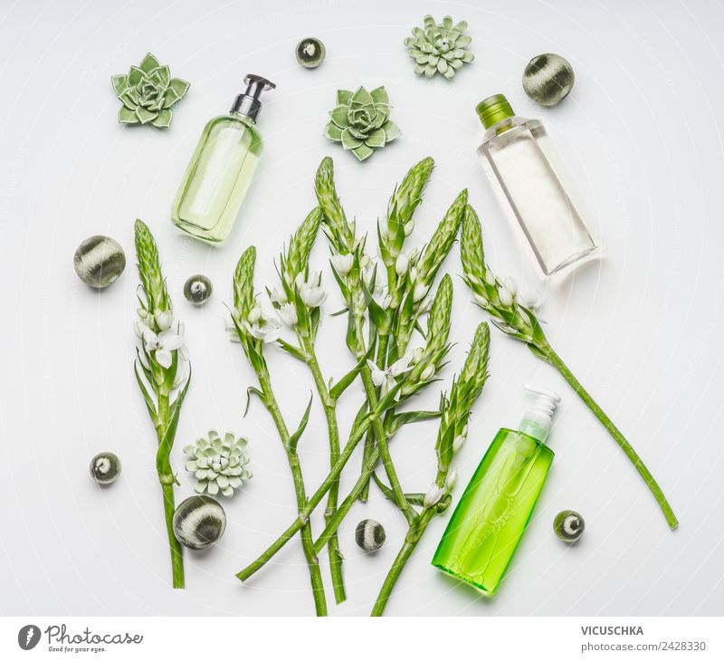 Grüne Natur Kosmetik Flaschen Composing kaufen elegant Stil Design schön Körperpflege Parfum Creme Gesundheit Behandlung Wellness Spa Pflanze Blume Blüte