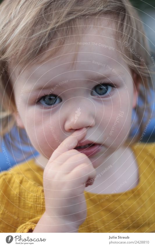 Kleinkind Mädchen Blaue Augen Senfgelb Nase feminin 1 Mensch 1-3 Jahre Sommer Blick schön Finger Farbfoto Außenaufnahme Tag Zentralperspektive Porträt