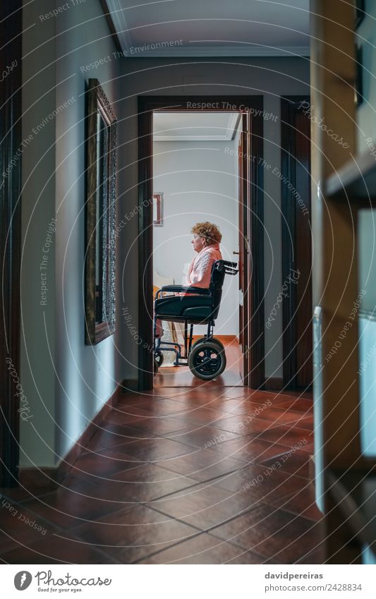 Seitenansicht einer alten Frau im Rollstuhl Lifestyle Gesundheitswesen Krankheit Medikament Erholung Stuhl Krankenhaus Ruhestand Mensch Erwachsene sitzen
