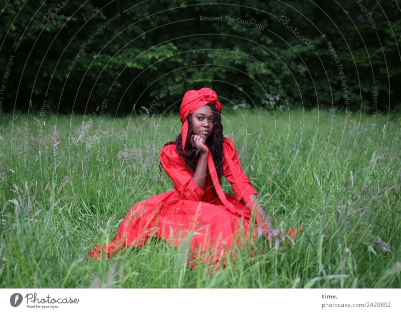 Romancia feminin Frau Erwachsene 1 Mensch Park Wiese Wald Kleid Kopftuch brünett langhaarig Locken beobachten Denken festhalten Blick sitzen schön rot