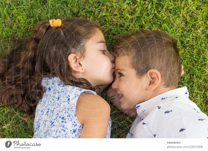 Zwei kleine Freunde, die sich gegenseitig küssen. Freude Glück Spielen Sommer Sonne Kind Junge Familie & Verwandtschaft Paar Natur Landschaft Gras Park Küssen