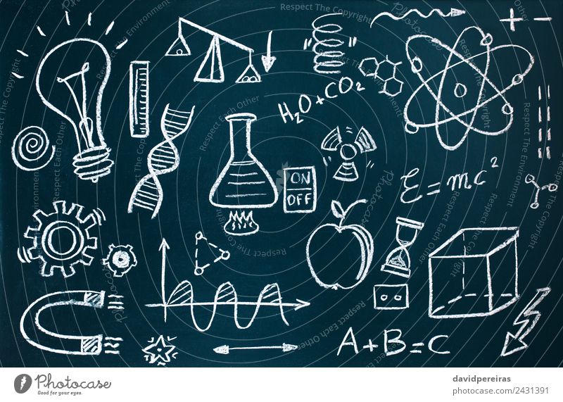 Chemiker und mathematische Zeichnungen auf Tafelhintergrund Spielen Wissenschaften Schule Klassenraum Labor Sammlung dreckig Neugier Chemie Chemikalie