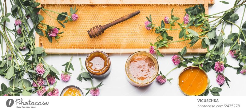 Wildblumen Honig mit Honigwabe Lebensmittel Ernährung Geschirr Stil Design Gesundheit Alternativmedizin Gesunde Ernährung Tisch Natur Fahne gelb