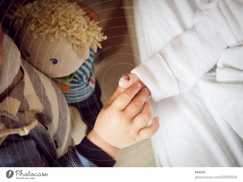 Kind hält die Hand eines neugeborenen Babys Finger 0-12 Monate 1-3 Jahre Kleinkind Glück Geschwister Bruder Schwester Puppe Zusammenhalt Vertrauen Schutz