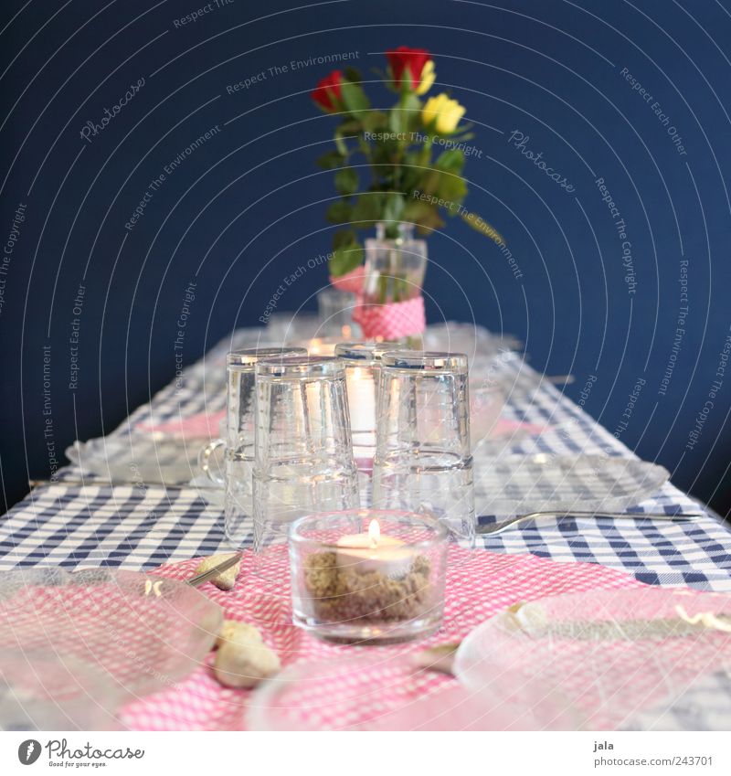 tischchen' deck' dich! Geschirr Teller Glas Besteck Blume Rose Vase Kerze schön blau rosa Farbfoto Innenaufnahme Menschenleer Textfreiraum links