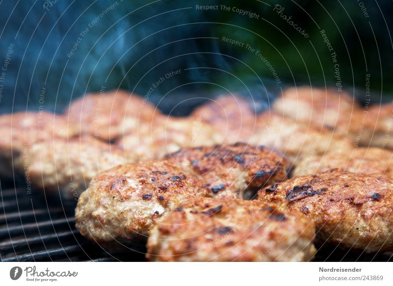 Fast fertig Lebensmittel Fleisch Ernährung Picknick Fastfood Übergewicht Sommer Grillen Grillrost Rauch Hackfleisch Fleischklösse Foodfotografie Fett