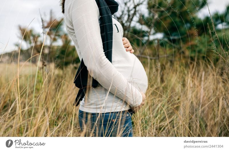 Schwangere Frau, die ihren Bauch streichelt. Lifestyle Freude Glück Freizeit & Hobby Mensch Baby Erwachsene Mutter Familie & Verwandtschaft Natur Landschaft