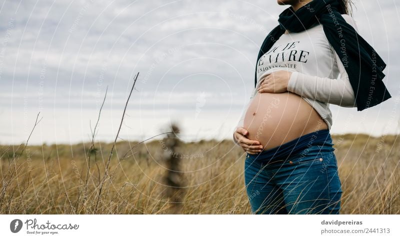 Schwangere Frau, die ihren nackten Bauch streichelt. Lifestyle Mensch Baby Erwachsene Mutter Familie & Verwandtschaft Natur Landschaft Horizont Gras Wiese Schal