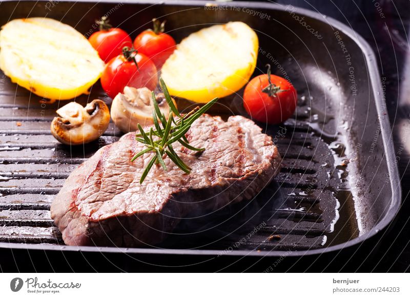 Gemüsepfanne Lebensmittel Fleisch Bioprodukte Pfanne heiß saftig rosa schwarz Steak Rosmarin Kartoffeln Champignons Pilz Tomate Kräuter & Gewürze grillpfanne