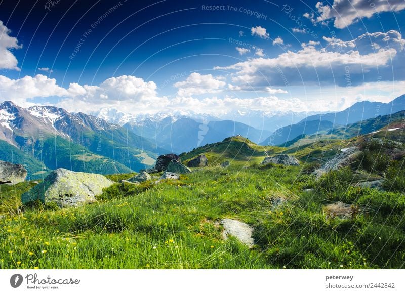 mountain panorama from fiescheralp and bettmeralp Ausflug Sommer Natur Wolken Moos Wiese Alpen Berge u. Gebirge wandern blau grün weiß Freude Aletschgletscher