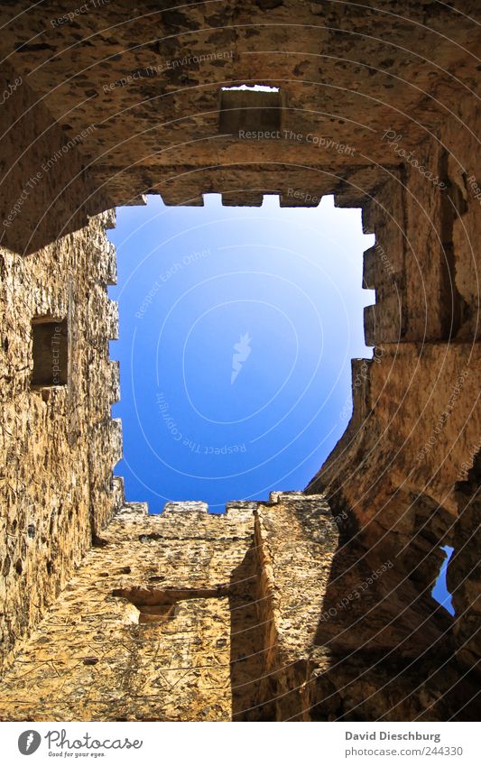 Perspektivwechsel Burg oder Schloss Ruine Turm Mauer Wand blau braun Farbfoto Außenaufnahme Tag Licht Schatten Kontrast Lichterscheinung Froschperspektive