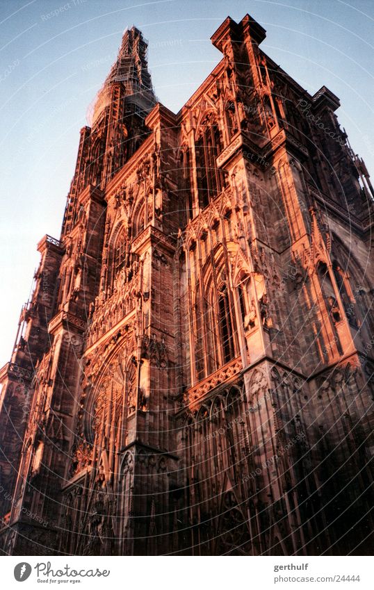 Straßburger Münster rot Sonnenuntergang Umbauen Restauration historisch Religion & Glaube Gotteshäuser Dom Kathedrale rotes Licht Blauer Himmel Schönes Wetter