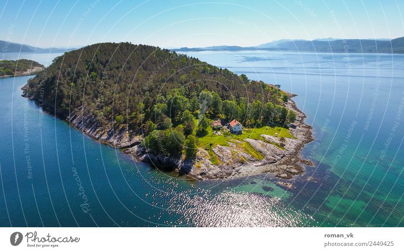 Norwegische Insel (Südwesten) Umwelt Natur Landschaft Pflanze Erde Wolkenloser Himmel Schönes Wetter Baum Hügel Felsen Küste Fjord Meer Frühlingsgefühle Leben