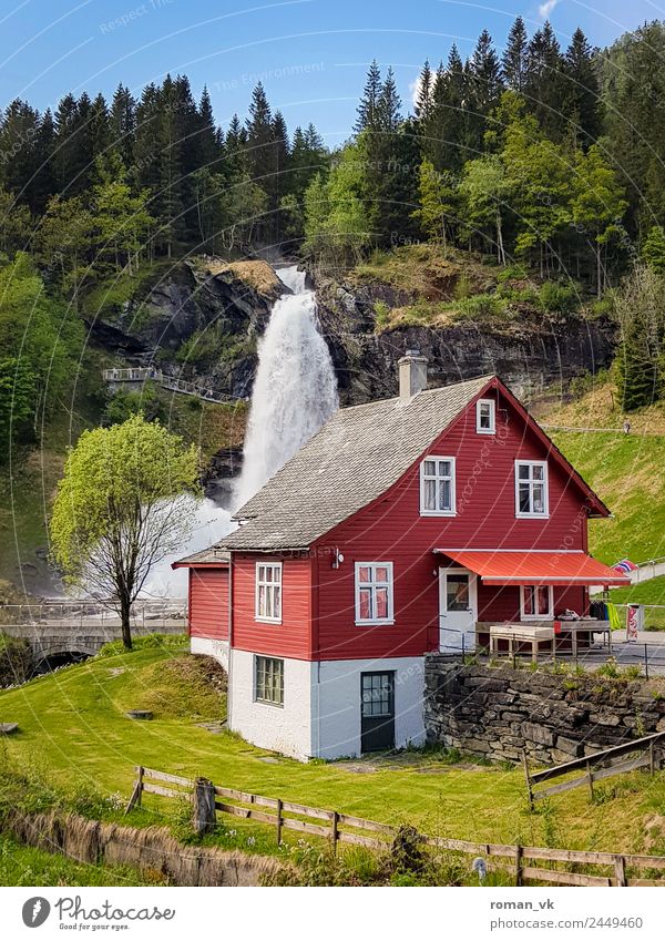 Steinsdalfossen in Norwegen Haus Traumhaus Umwelt Natur Landschaft Pflanze Schönes Wetter Wald Wasserfall Häusliches Leben frei Norwegenurlaub Geborgenheit