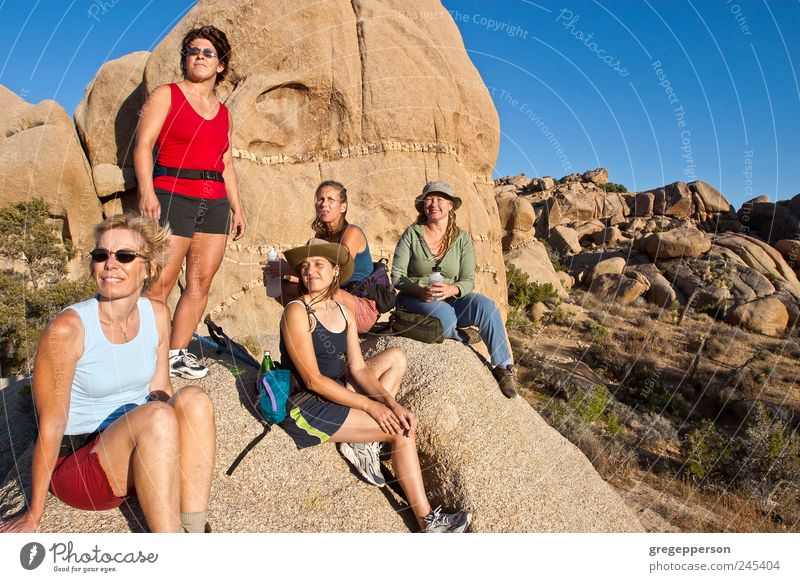 Gruppe von Frauen beim Wandern. Abenteuer wandern Klettern Bergsteigen Erwachsene Freundschaft 5 Mensch 30-45 Jahre Natur Gipfel sportlich Lebensfreude